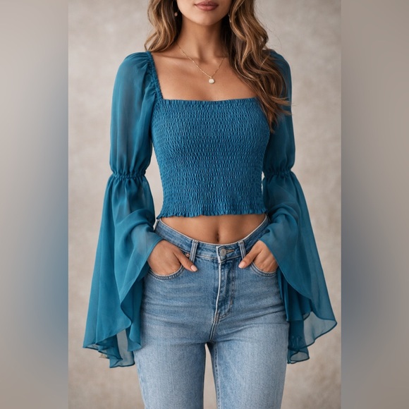 Live 4 Truth Tops - Teal Smocked Crop Top NWT Sheer Bell Sleeve Boho Cottagecore Festival Top M
